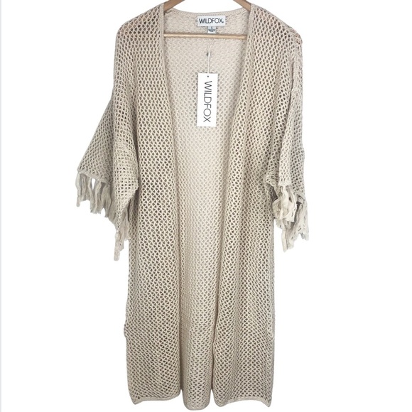 New with tag Wildfox Kelso Fringe Sleeve Cream Crochet Long Kimono Wrap Cardigan - Picture 9 of 16
